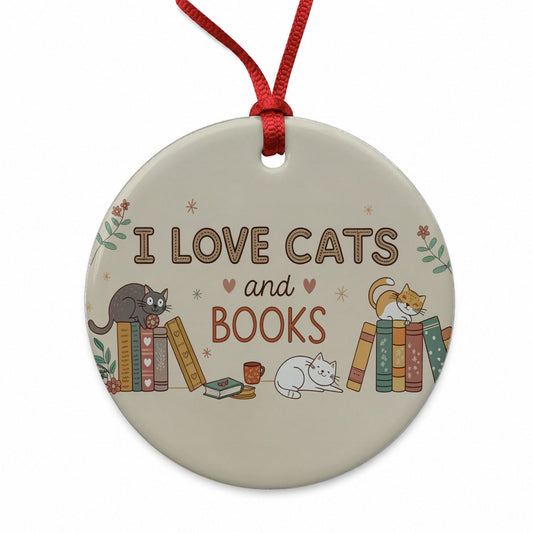 I Love Cats Books Sweet Round Ceramic Holiday Christmas Tree Ornament
