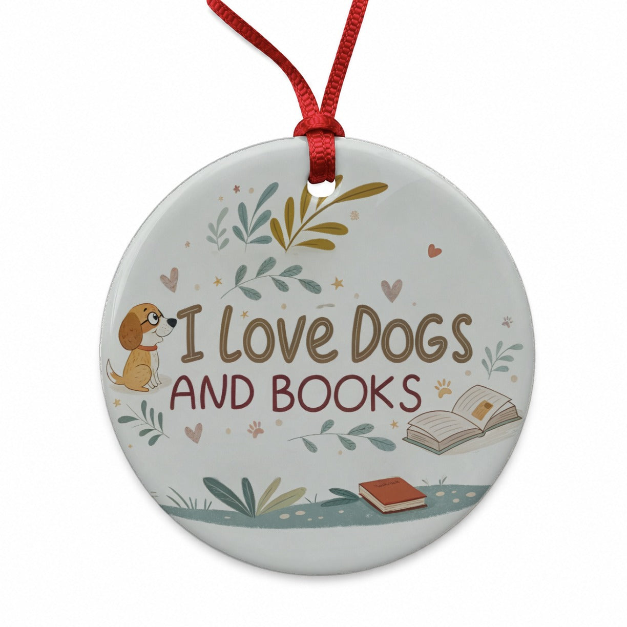 I Love Dogs Books Reading Round Ceramic Holiday Christmas Tree Ornament