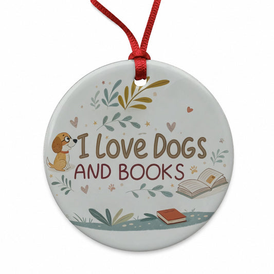 I Love Dogs Books Reading Round Ceramic Holiday Christmas Tree Ornament