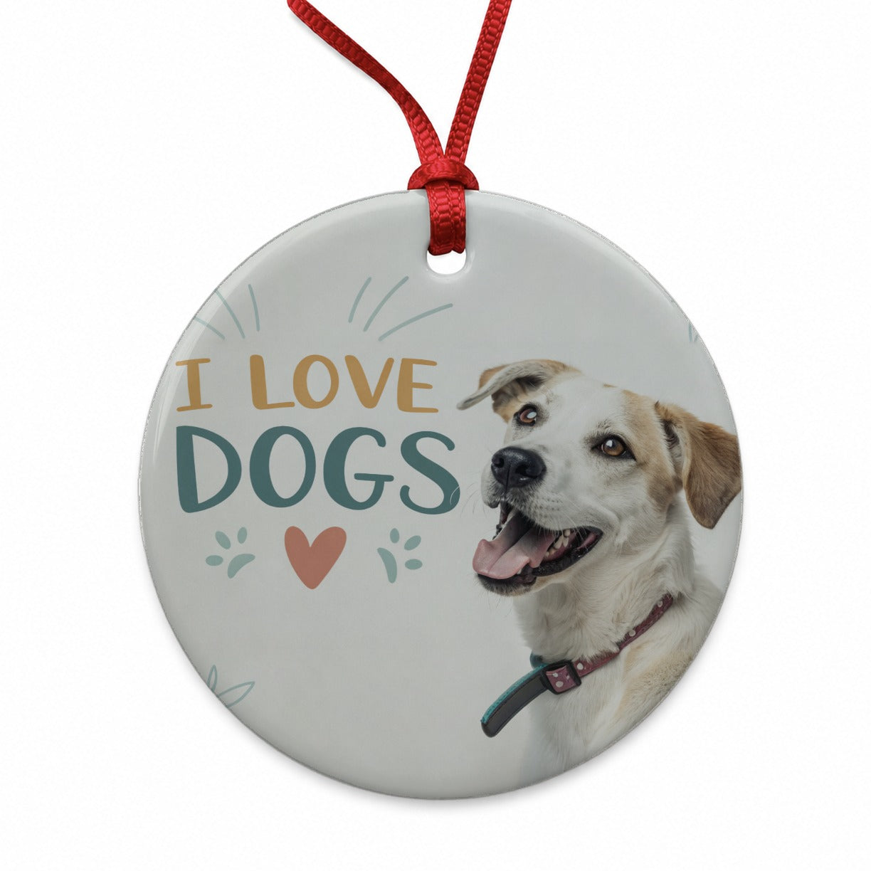 I Love Dogs Heart Round Ceramic Holiday Christmas Tree Ornament