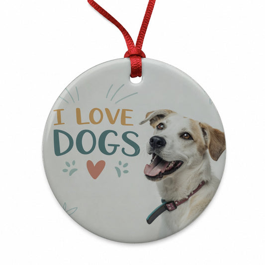 I Love Dogs Heart Round Ceramic Holiday Christmas Tree Ornament