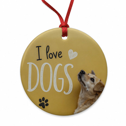I Love Dogs Paw Prints Round Ceramic Holiday Christmas Tree Ornament