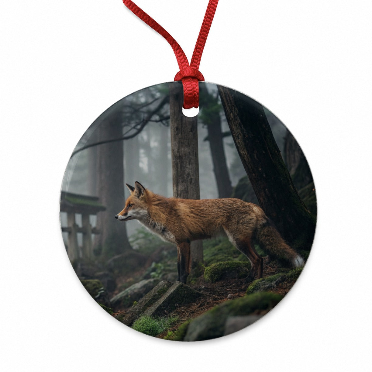 Japanese Fox Woodland Round Ceramic Holiday Christmas Tree Ornament
