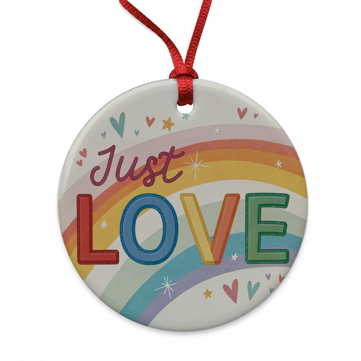 Just Love Rainbow Pride Round Ceramic Holiday Christmas Tree Ornament