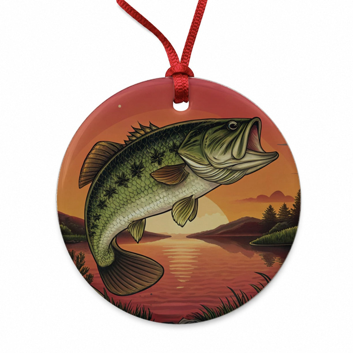 Largemouth Bass Trophy Fishing Sunset Round Ceramic Holiday Christmas Tree Ornament