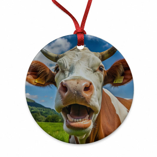 Laughing Cow Farm Round Ceramic Holiday Christmas Tree Ornament