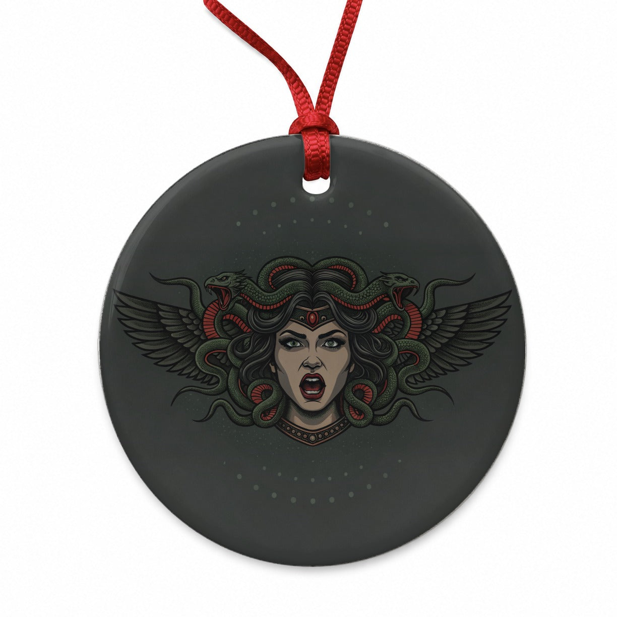 Medusa Gorgon Snake Tattoo Style Round Ceramic Holiday Christmas Tree Ornament