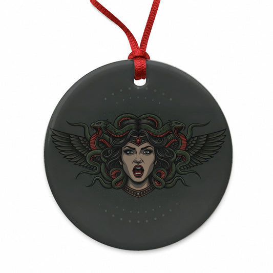 Medusa Gorgon Snake Tattoo Style Round Ceramic Holiday Christmas Tree Ornament