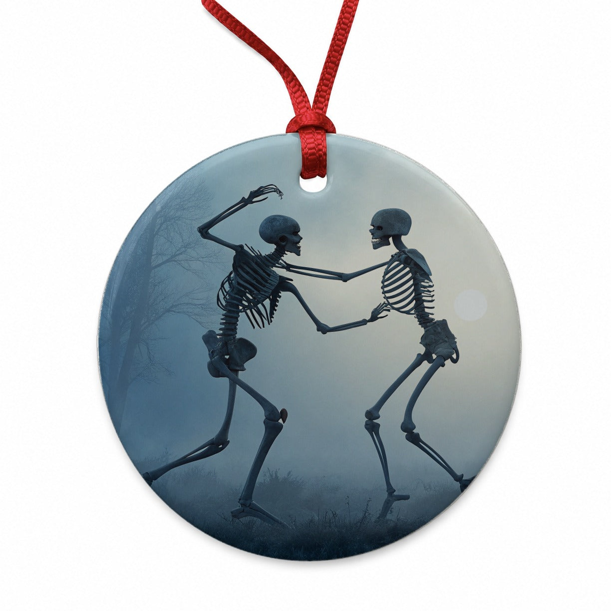 Misty Dancing Skeleton Couple Round Ceramic Holiday Christmas Tree Ornament