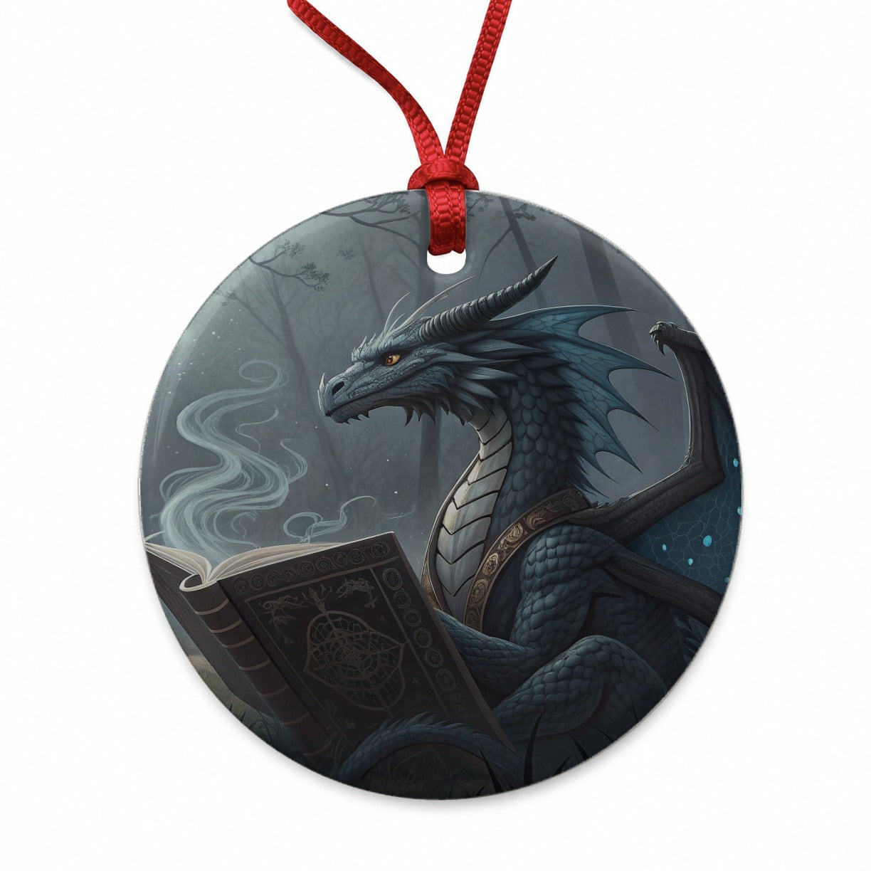 Misty Dragon Reading Book Round Ceramic Holiday Christmas Tree Ornament