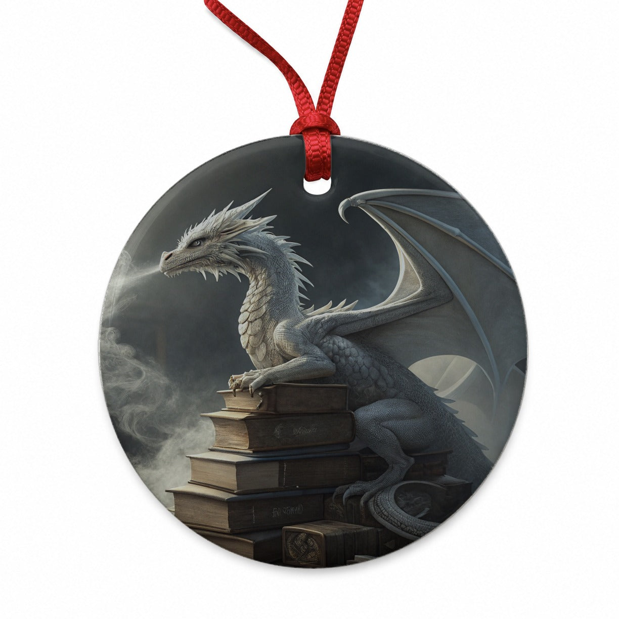 Misty Dragon Sitting On Books Round Ceramic Holiday Christmas Tree Ornament