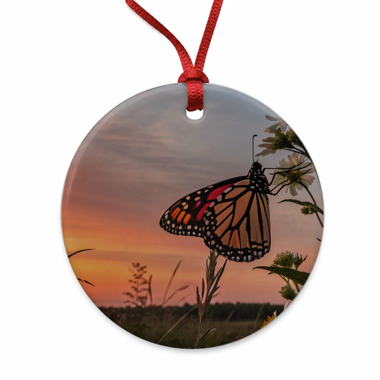 Monarch Butterfly At Sunset Round Ceramic Holiday Christmas Tree Ornament