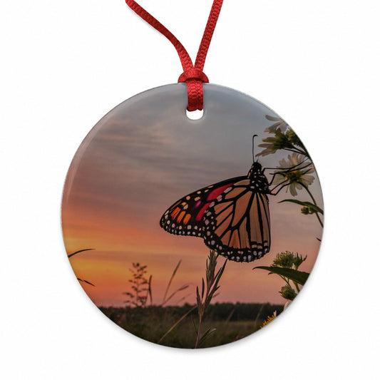 Monarch Butterfly At Sunset Round Ceramic Holiday Christmas Tree Ornament