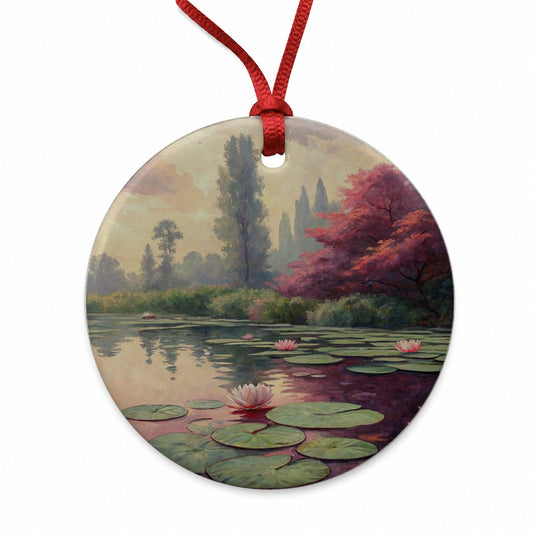 Monet Inspired Water Lilies Round Ceramic Holiday Christmas Tree Ornament