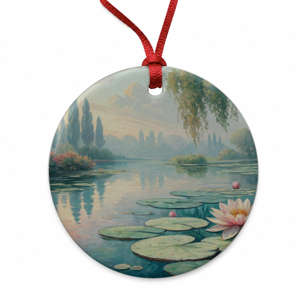Monet Style Water Lilies Round Ceramic Holiday Christmas Tree Ornament