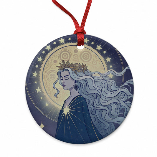 Moon Goddess Cosmic Tarot Round Ceramic Holiday Christmas Tree Ornament