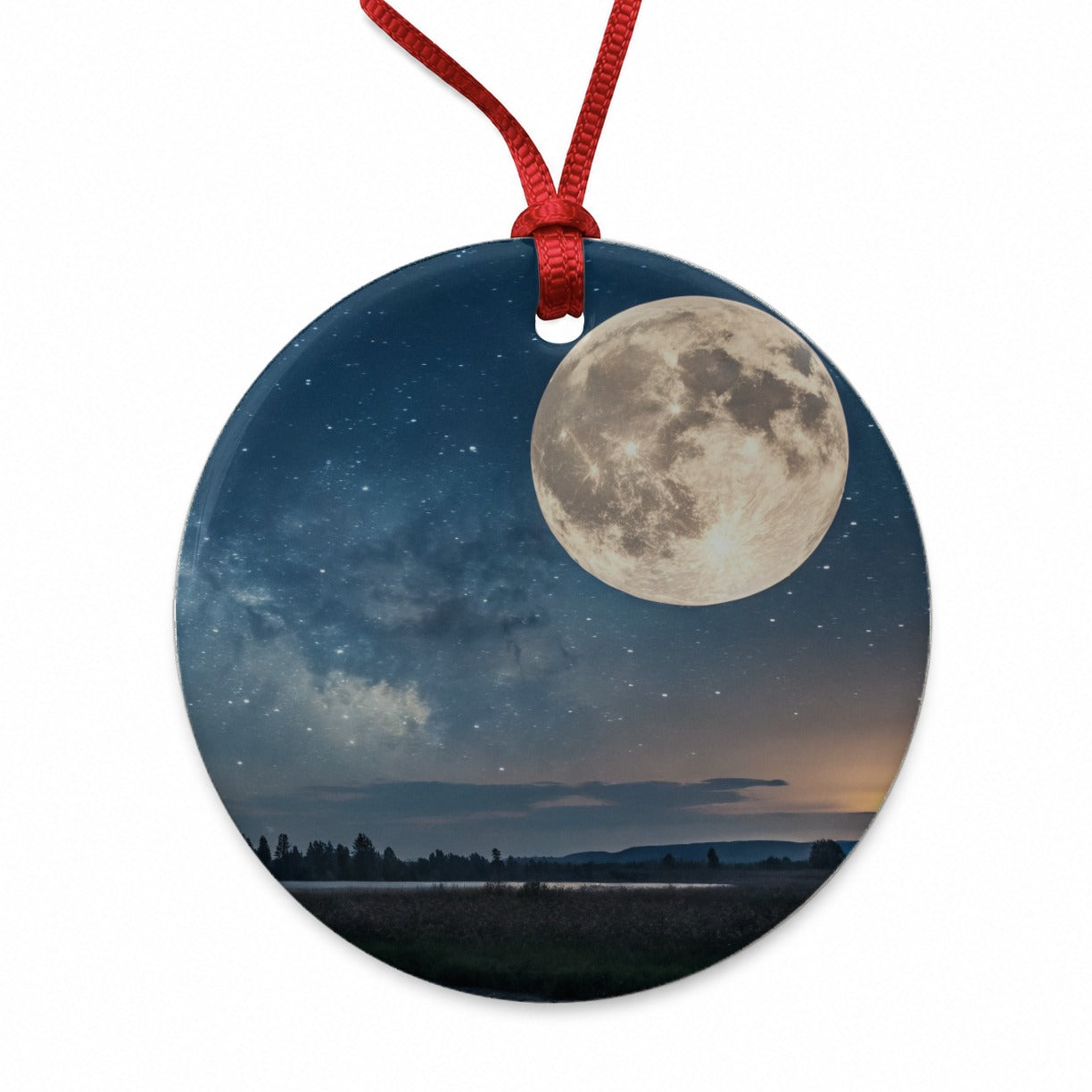 Moonlit River Night Landscape Round Ceramic Holiday Christmas Tree Ornament