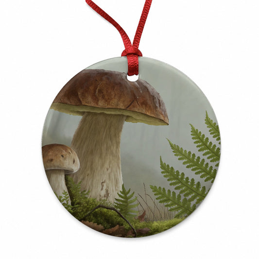 Mushroom Fern Botanical Art Round Ceramic Holiday Christmas Tree Ornament