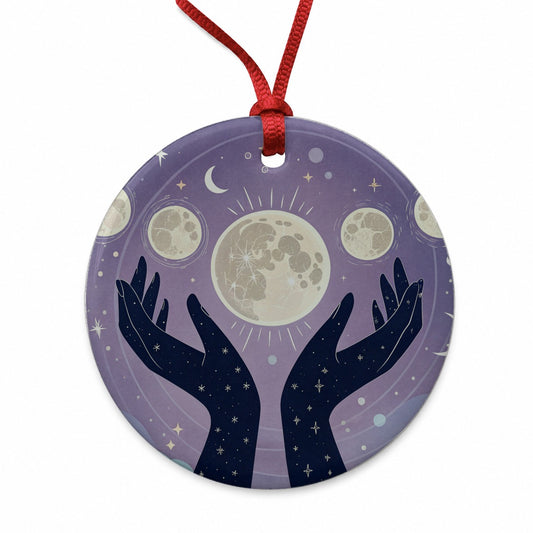 Mystical Moon Phases Round Ceramic Holiday Christmas Tree Ornament