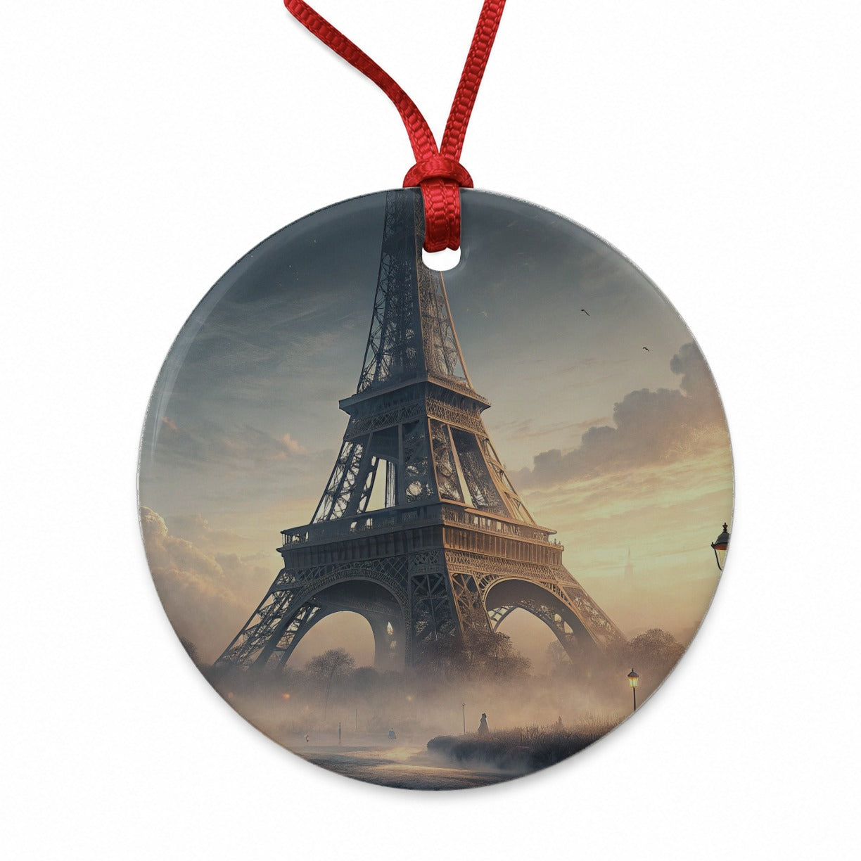 Paris France Eiffel Tower Mist Round Ceramic Holiday Christmas Tree Ornament