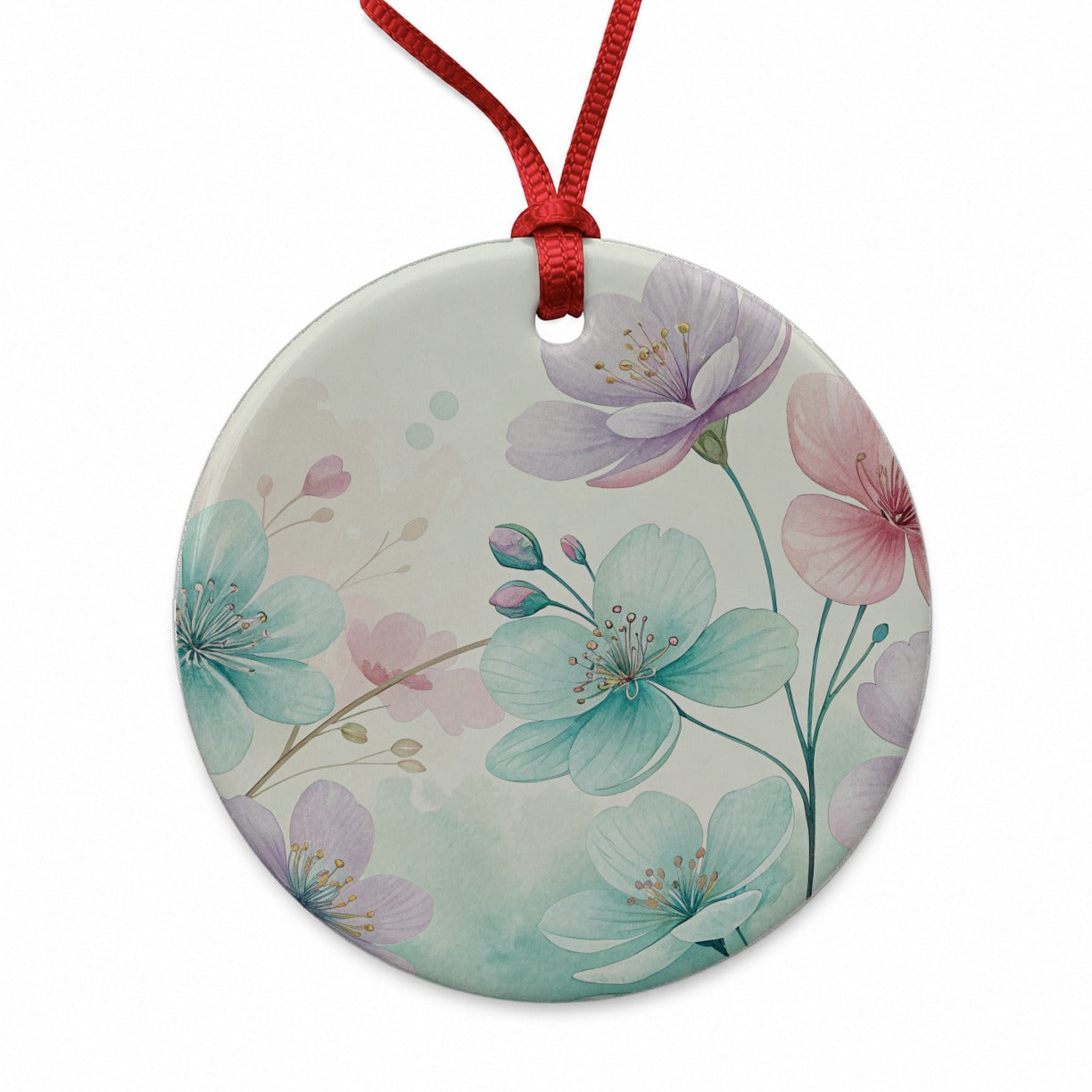 Pastel Flowers Botanical Art Round Ceramic Holiday Christmas Tree Ornament