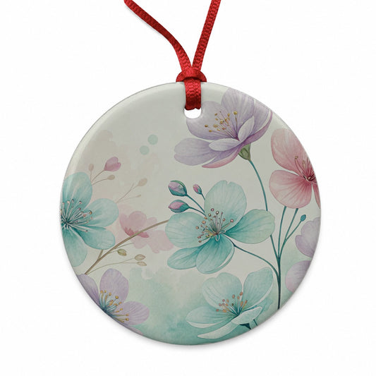 Pastel Flowers Botanical Art Round Ceramic Holiday Christmas Tree Ornament
