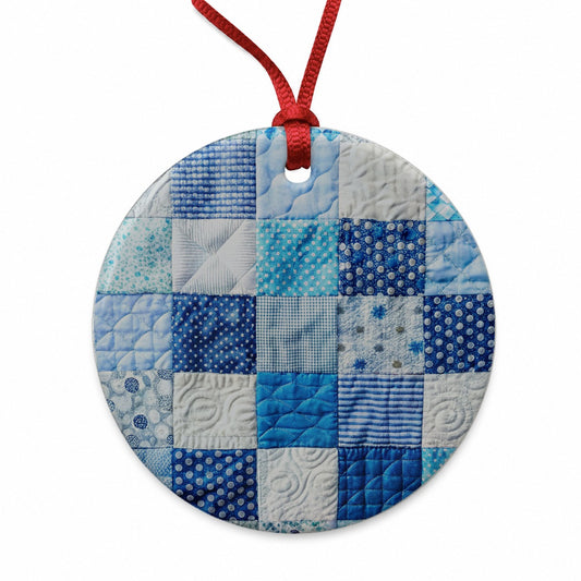 Patchwork Quilt Blue Round Ceramic Holiday Christmas Tree Ornament