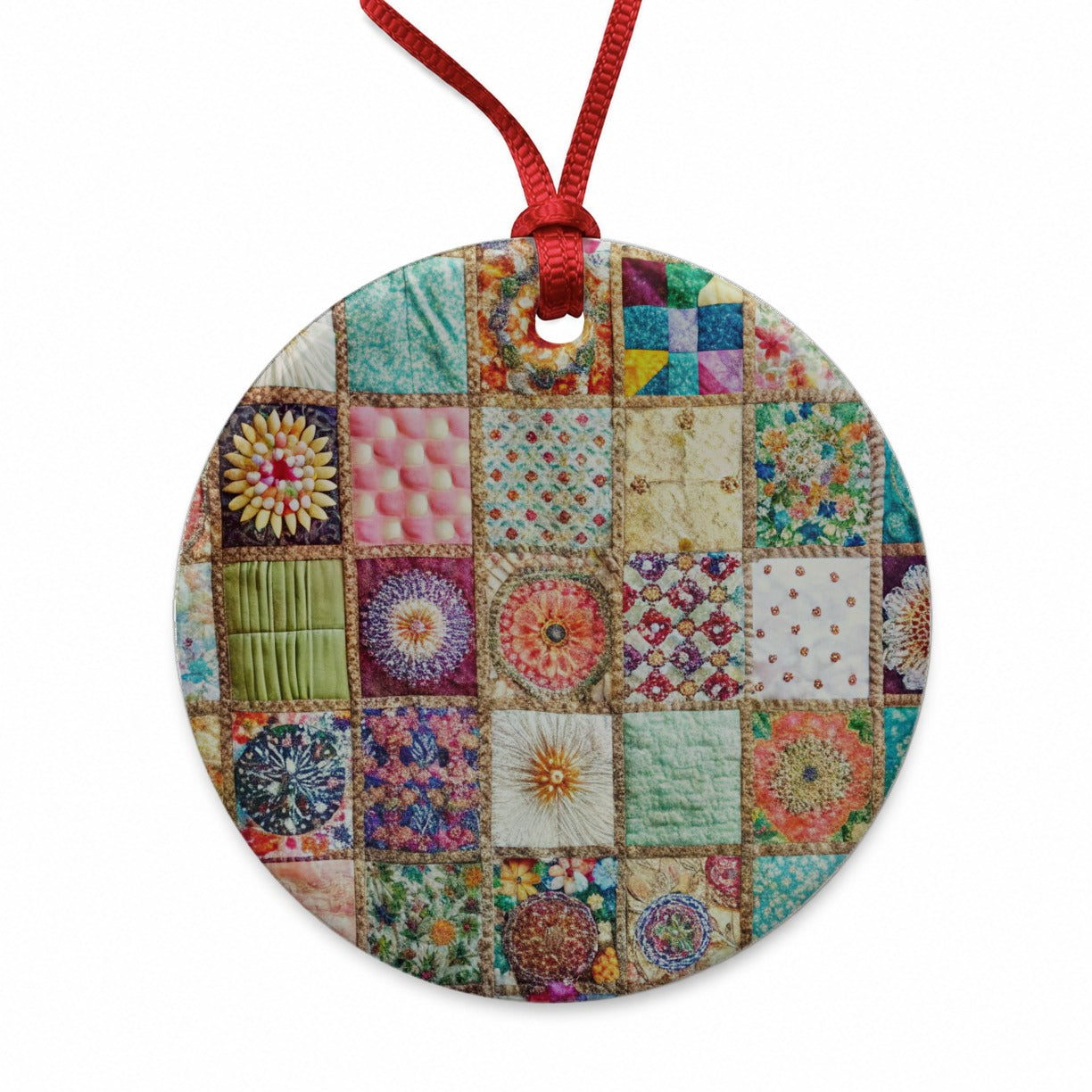 Patchwork Quilt Bohemian Round Ceramic Holiday Christmas Tree Ornament