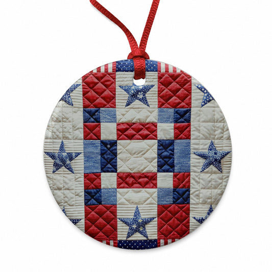 Patchwork Quilt Patriotic Round Ceramic Holiday Christmas Tree Ornament