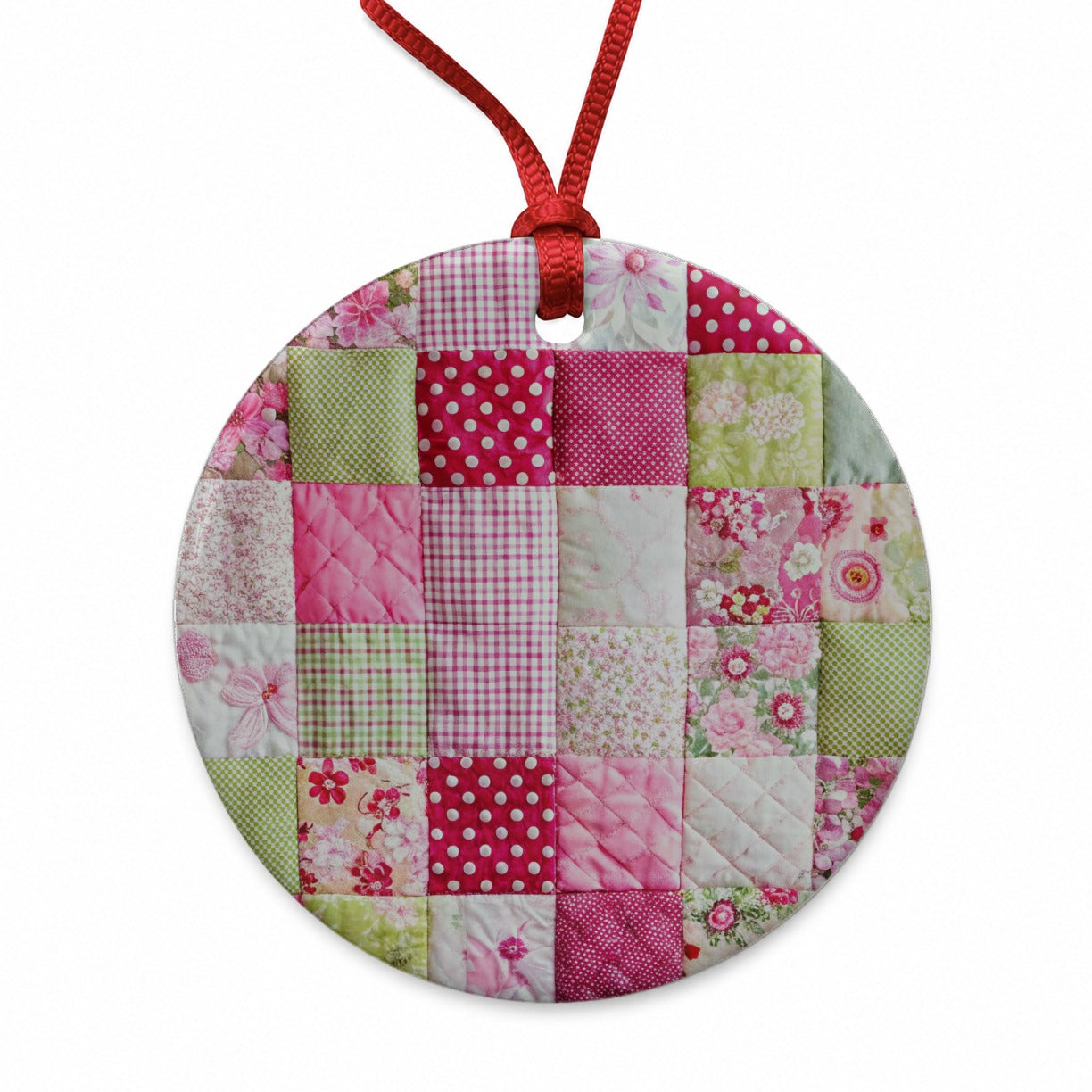 Patchwork Quilt Pink Round Ceramic Holiday Christmas Tree Ornament
