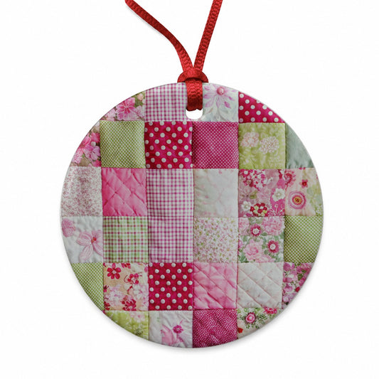 Patchwork Quilt Pink Round Ceramic Holiday Christmas Tree Ornament