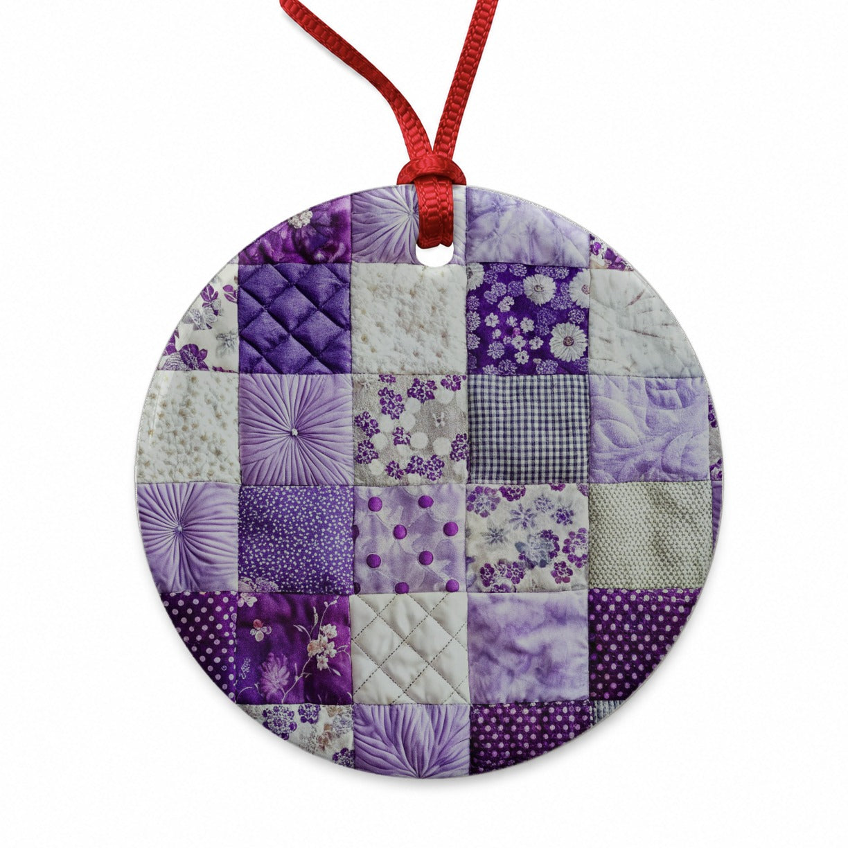 Patchwork Quilt Purple Round Ceramic Holiday Christmas Tree Ornament