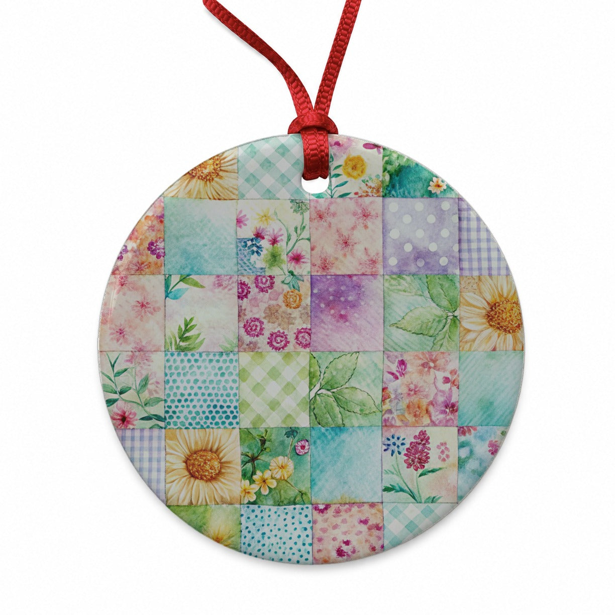 Patchwork Quilt Watercolor Round Ceramic Holiday Christmas Tree Ornament