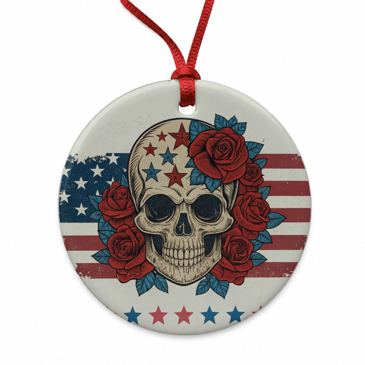 Patriotic Skull American Flag Distressed Round Ceramic Holiday Christmas Tree Ornament