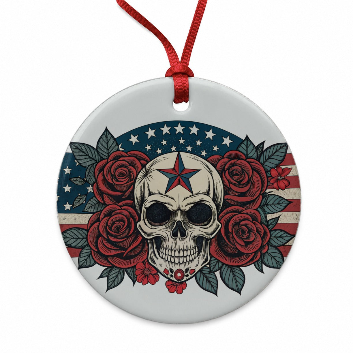 Patriotic Skull USA American Flag Round Ceramic Holiday Christmas Tree Ornament