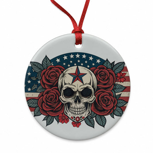 Patriotic Skull USA American Flag Round Ceramic Holiday Christmas Tree Ornament