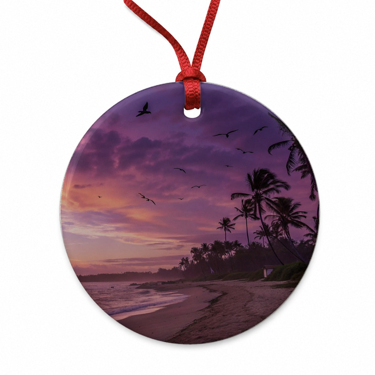 Purple Sunset On Beach Round Ceramic Holiday Christmas Tree Ornament