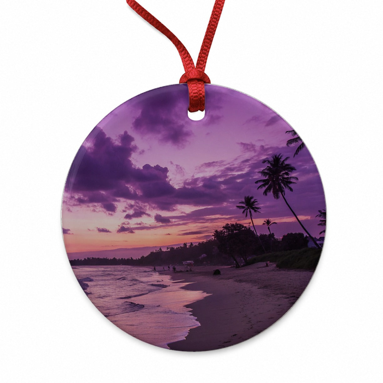 Purple Sunset Seascape Beach Round Ceramic Holiday Christmas Tree Ornament