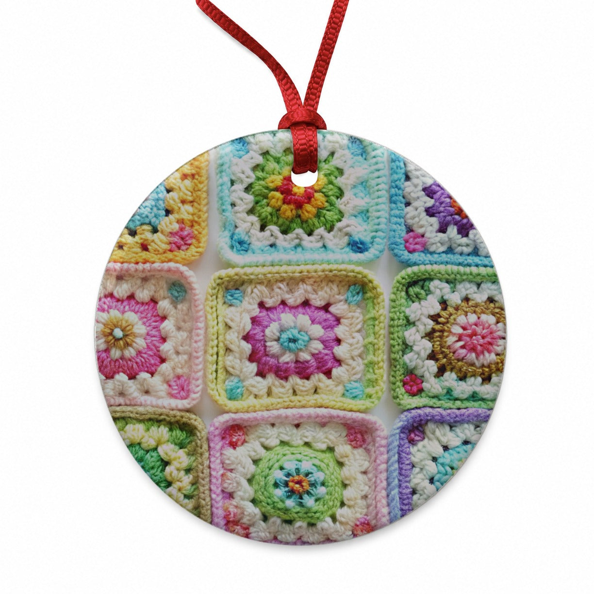 Rainbow Crochet Granny Squares Round Ceramic Holiday Christmas Tree Ornament