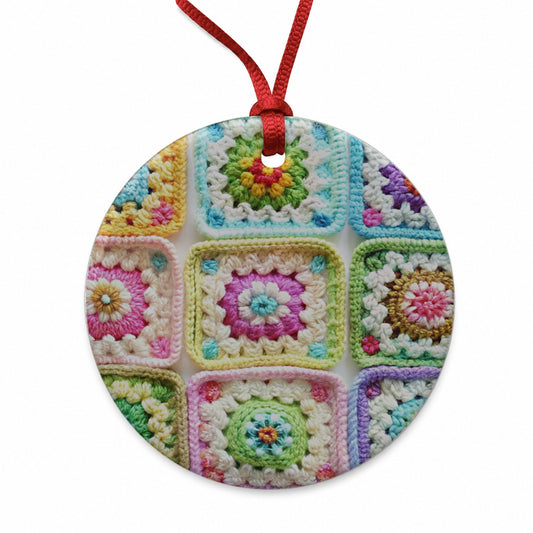Rainbow Crochet Granny Squares Round Ceramic Holiday Christmas Tree Ornament