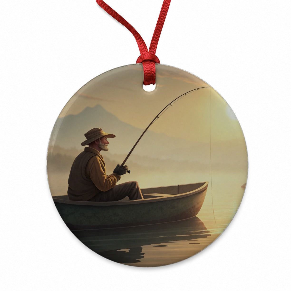Relaxed Fisherman Lake Sunrise Round Ceramic Holiday Christmas Tree Ornament