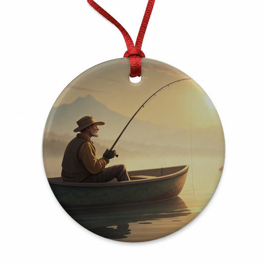 Relaxed Fisherman Lake Sunrise Round Ceramic Holiday Christmas Tree Ornament