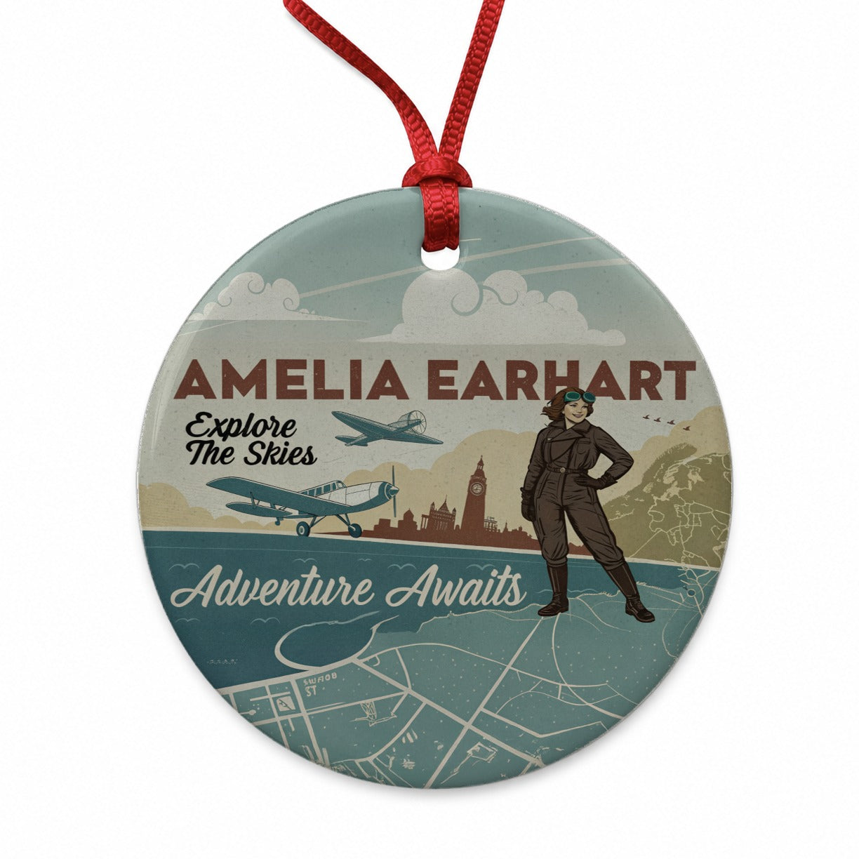Retro Amelia Earhart Flight Adventure Round Ceramic Holiday Christmas Tree Ornament