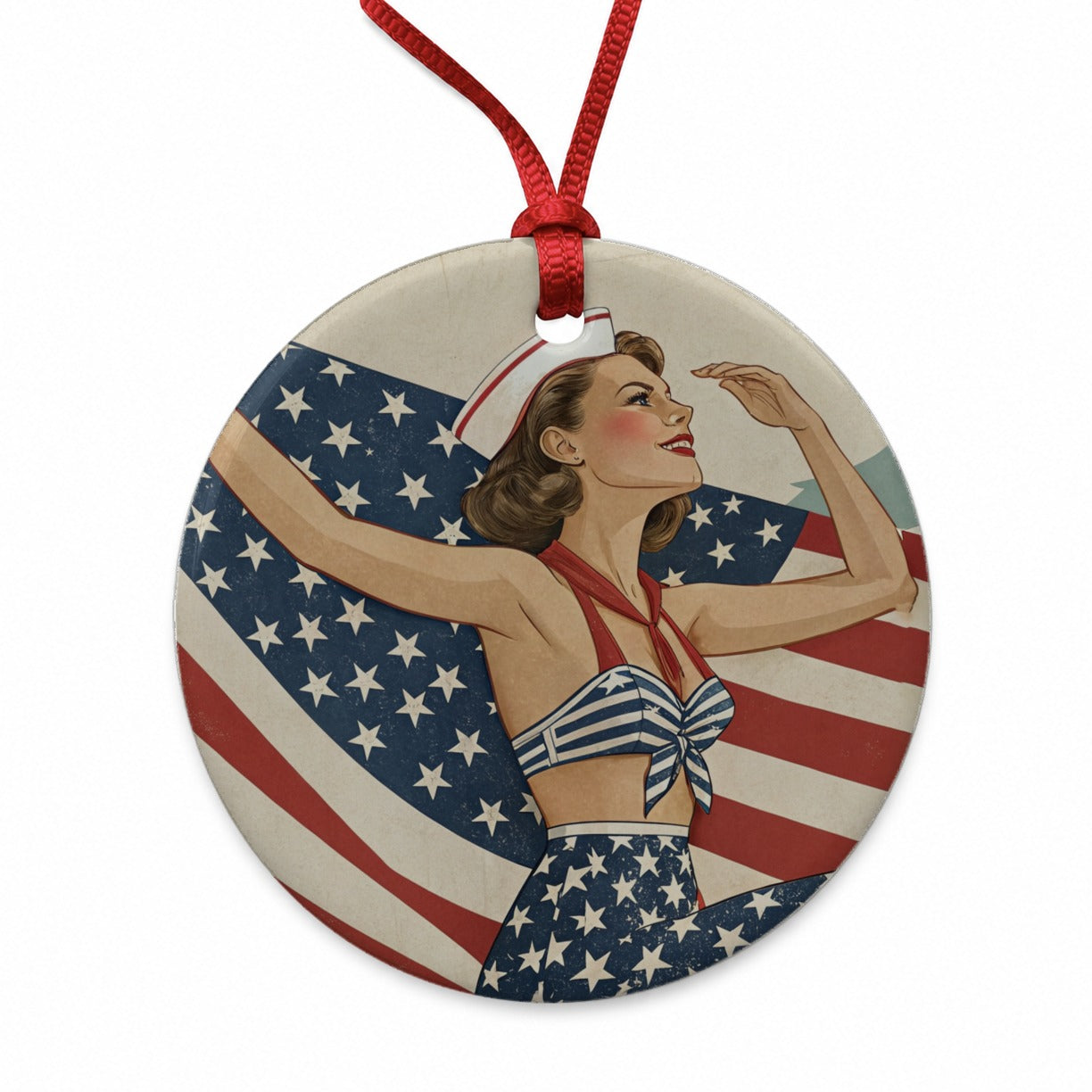 Retro Summer Sailor Pinup USA America Round Ceramic Holiday Christmas Tree Ornament