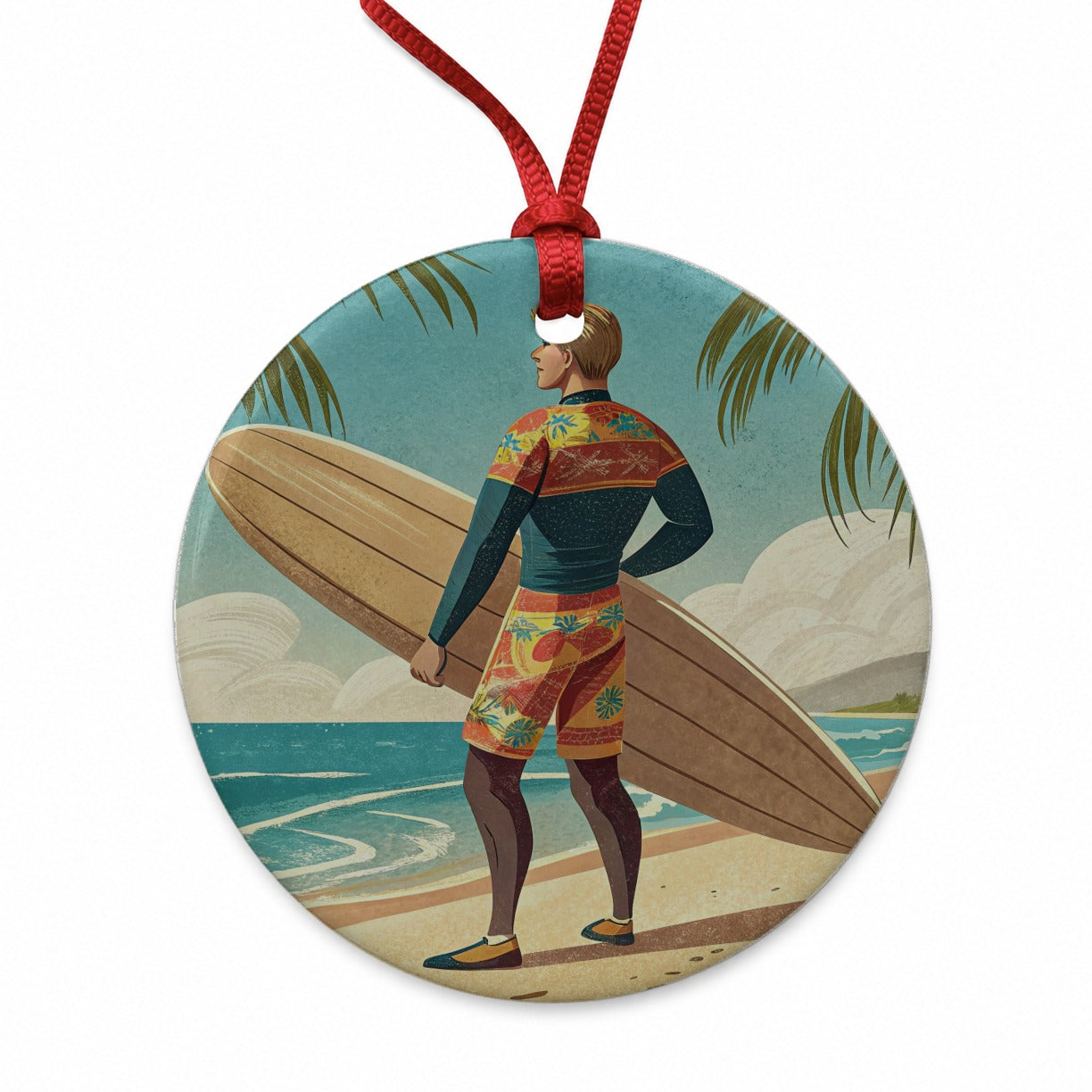 Retro Surfer Beach Scene Round Ceramic Holiday Christmas Tree Ornament