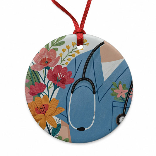 RN LVN Floral Nurse Round Ceramic Holiday Christmas Tree Ornament