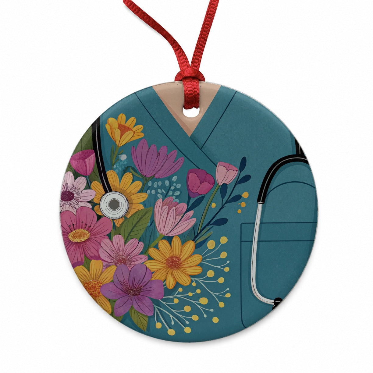 RN LVN Nurse Flowers Round Ceramic Holiday Christmas Tree Ornament