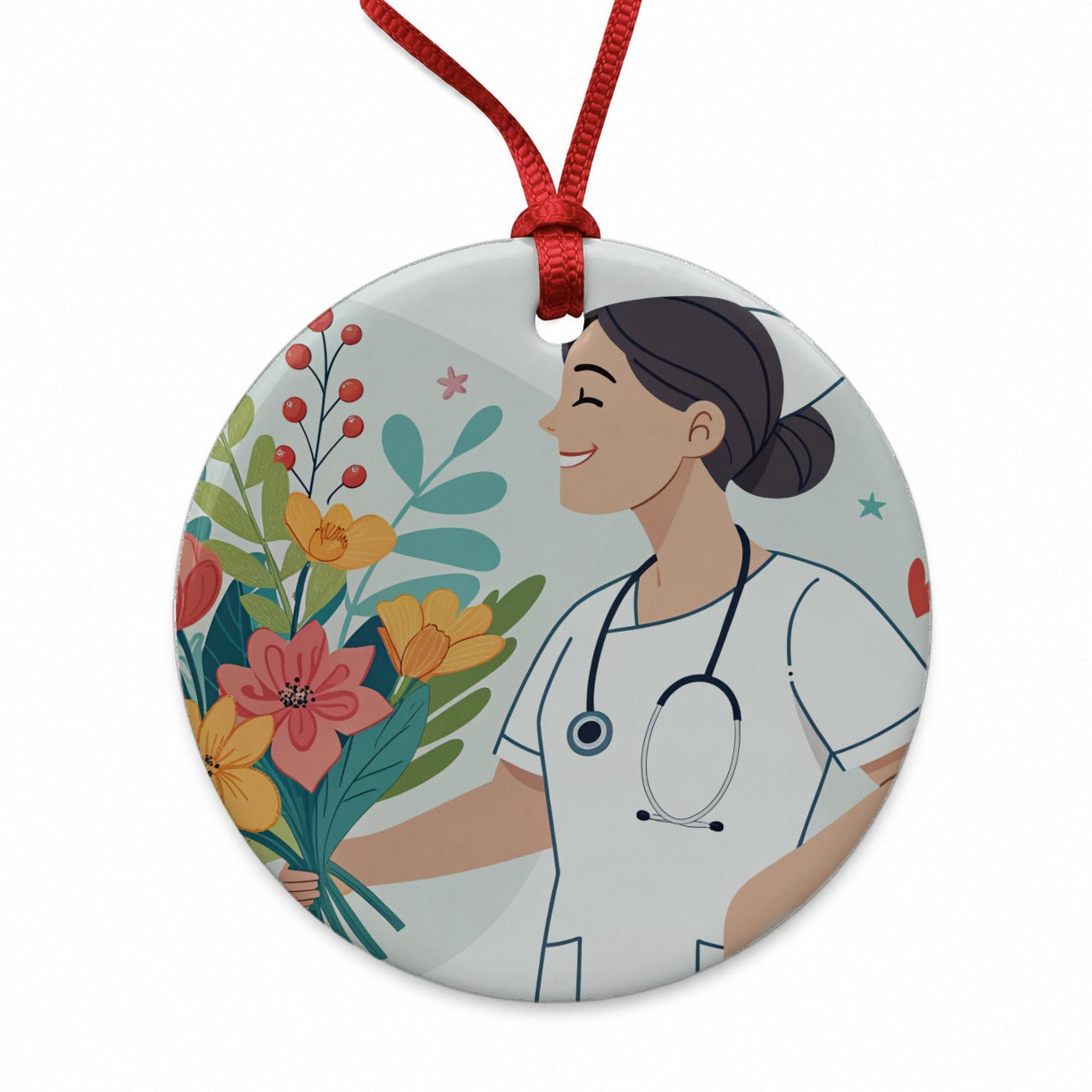 RN LVN Nurse Nursing Flowers Round Ceramic Holiday Christmas Tree Ornament