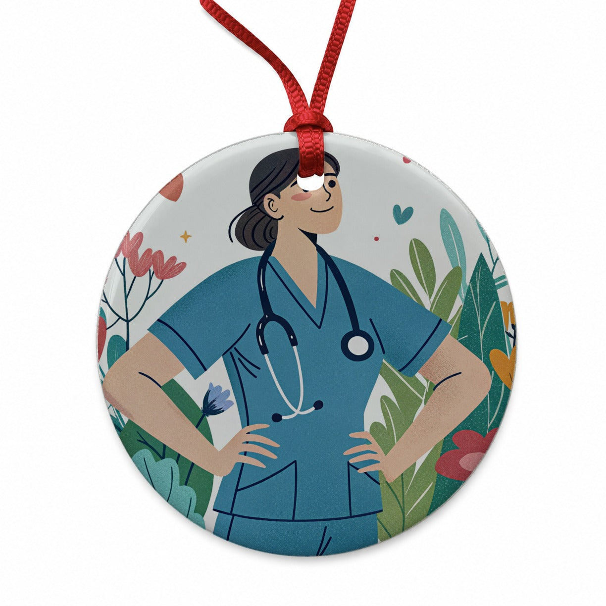 RN LVN Wildflower Nurse Round Ceramic Holiday Christmas Tree Ornament