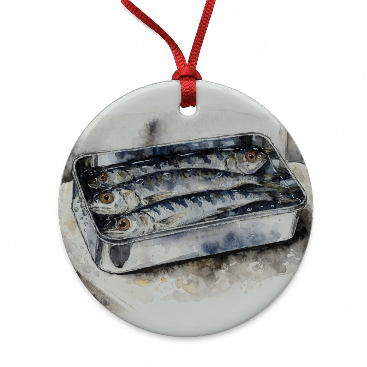 Sardines Fish In Tin Watercolor Round Ceramic Holiday Christmas Tree Ornament